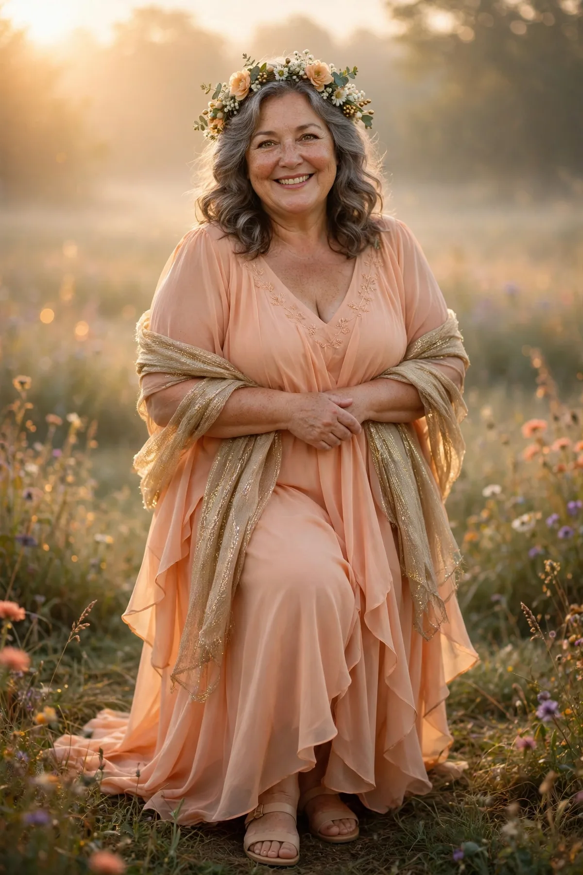 Plus size woman over 50 in a peach-apricot flowing maxi dress with a gold shimmer scarf and flower circlet, an ethereal Dawn Maiden Halloween costume