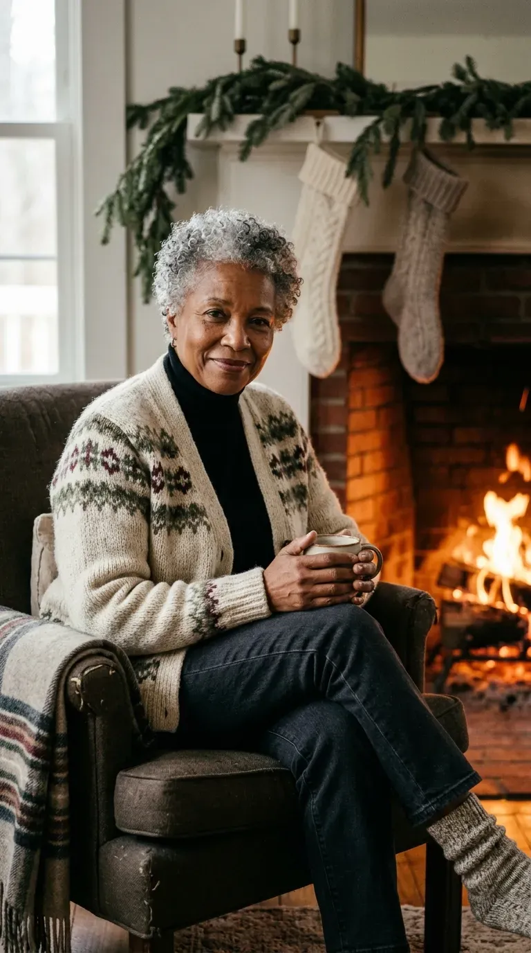 Woman over 50 in Fair Isle cardigan, black turtleneck and dark jeans for a Christmas movie night