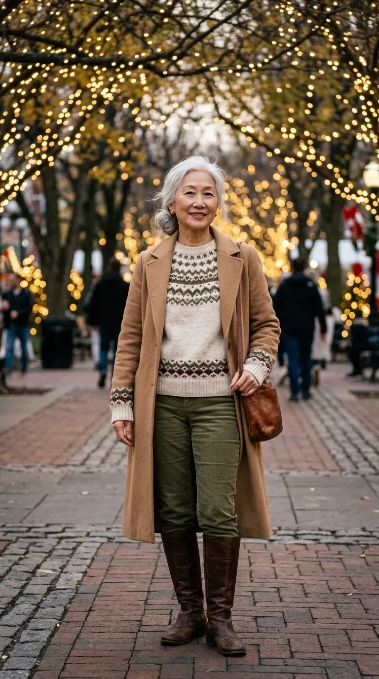 Woman over 50 in Fair Isle knit, corduroy trousers and long coat at Christmas lights