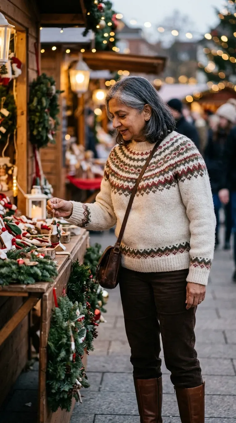 Woman over 50 in Fair Isle sweater, corduroy trousers and tall boots at a Christmas market