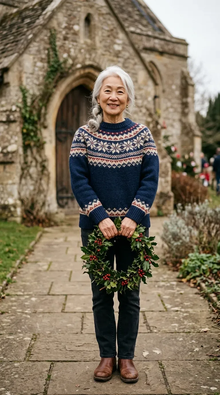 Woman over 50 in Fair Isle sweater, dark jeans and brown boots for a Christmas family photo