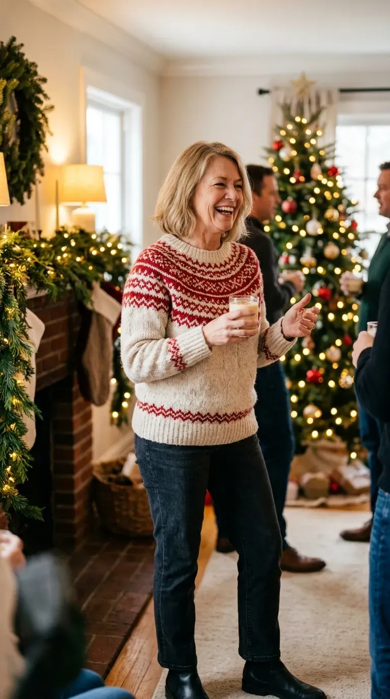 Woman over 50 in Fair Isle sweater, dark jeans and Chelsea boots at a festive party