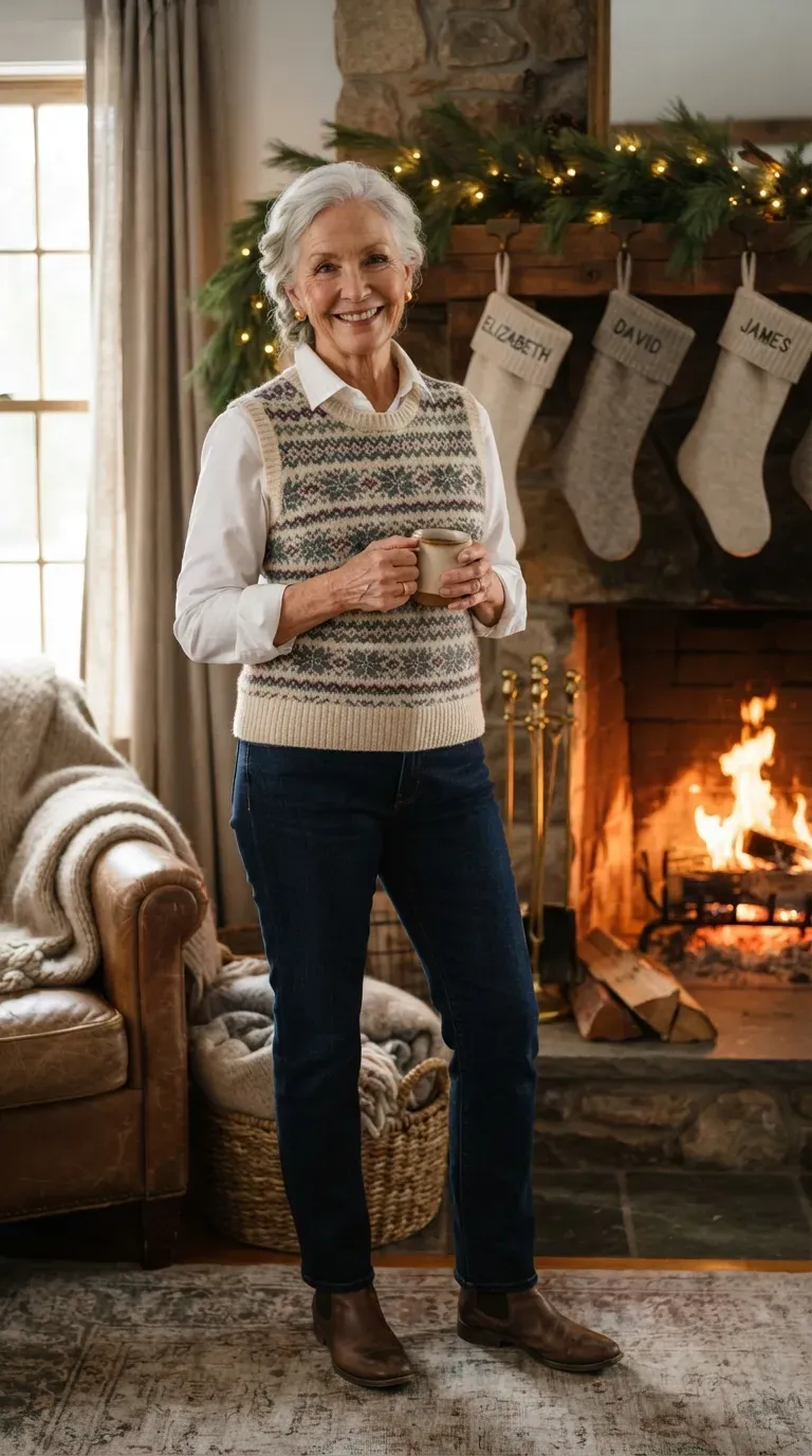 Woman over 50 in Fair Isle sweater vest, white shirt and dark jeans holding a mug by a fireplace