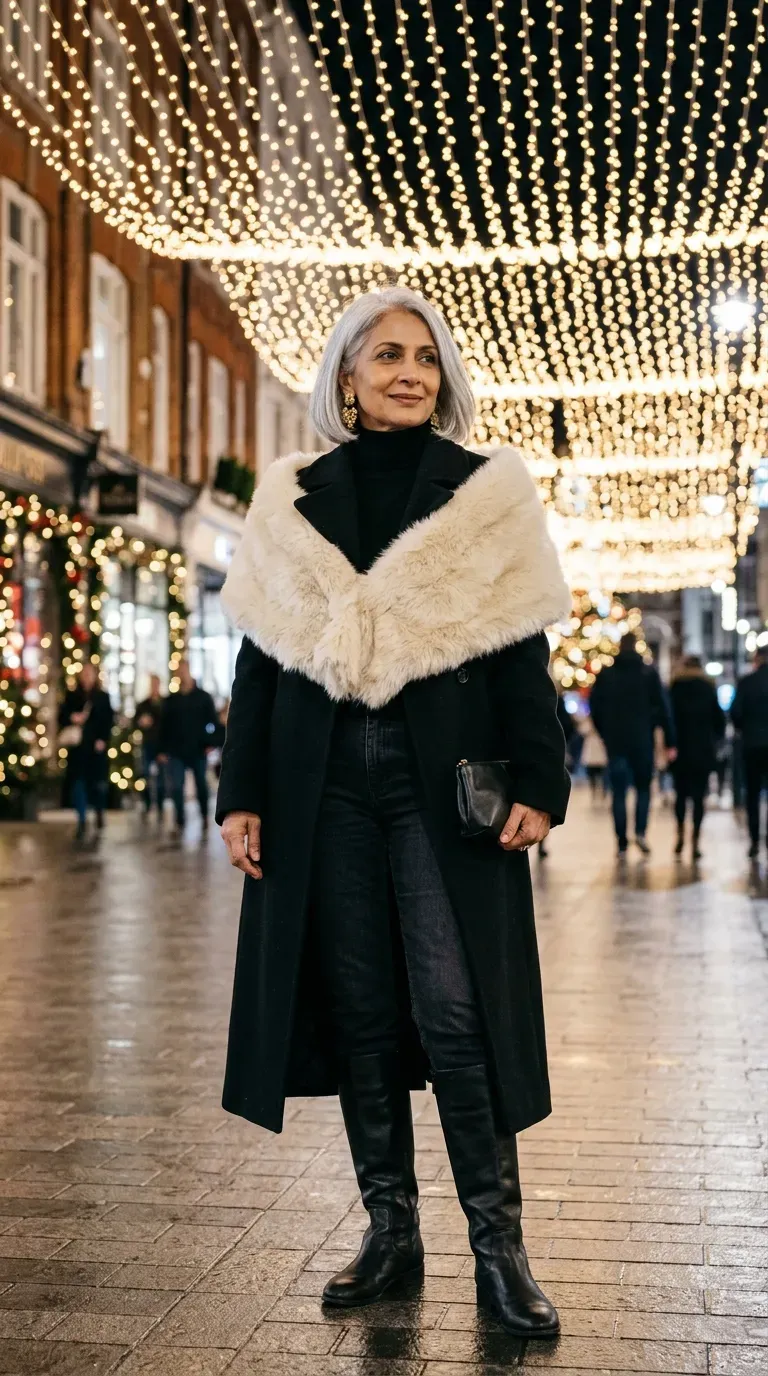 Woman over 50 in black coat, faux-fur stole and black knee-high boots at Christmas lights