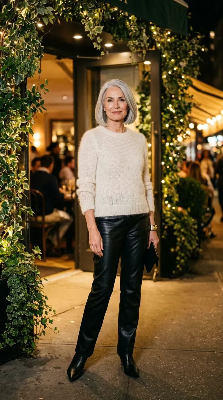 Woman over 50 in black faux leather trousers and cream sweater at a festive dinner