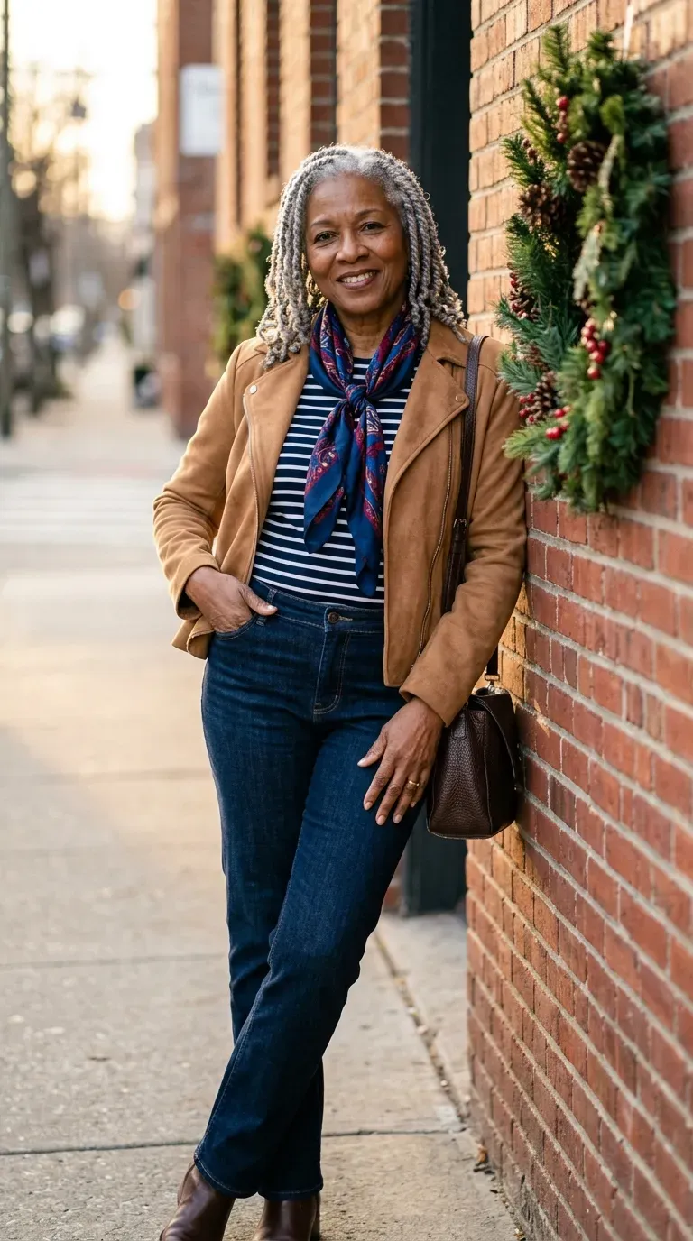 Black woman in a camel faux suede jacket, striped tee and jeans leaning on a brick wall