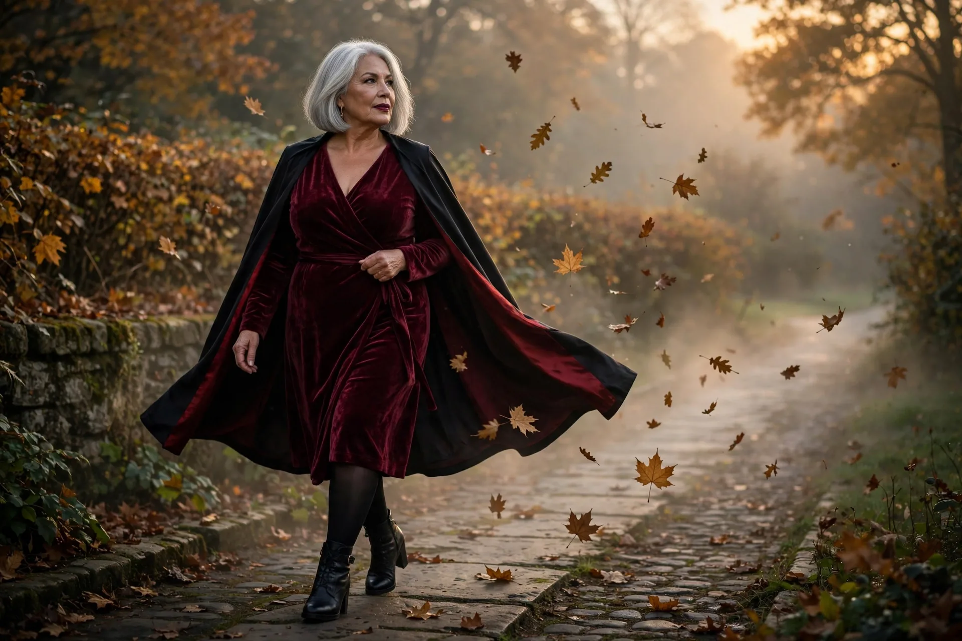 Woman in a burgundy velvet wrap dress and cape, a plus size vampire Halloween costume