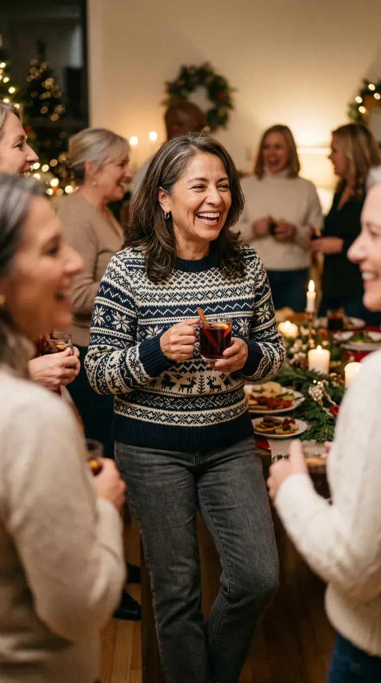 Woman over 50 in festive jacquard sweater, charcoal jeans and brown boots at a party