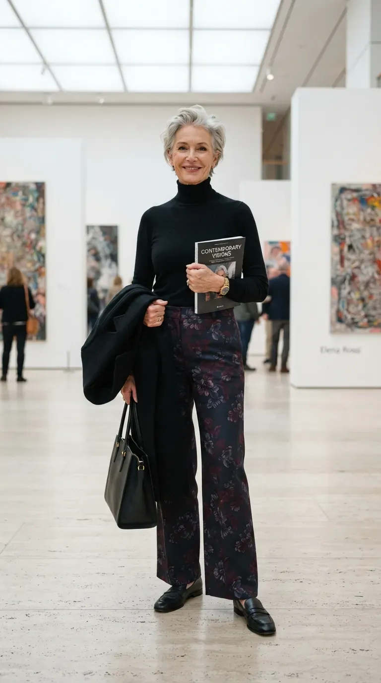 Woman over 50 in dark floral wide-leg trousers and black turtleneck at an art gallery