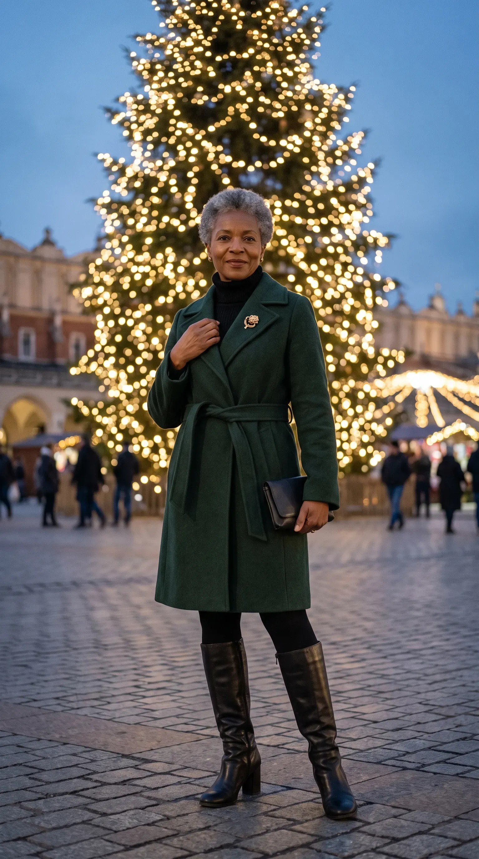 Woman in forest green wool coat and black sweater dress beside a Christmas tree