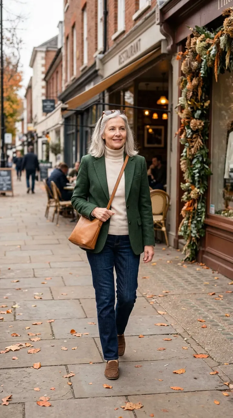 Woman over 50 in green blazer, cream turtleneck and dark jeans near a restaurant