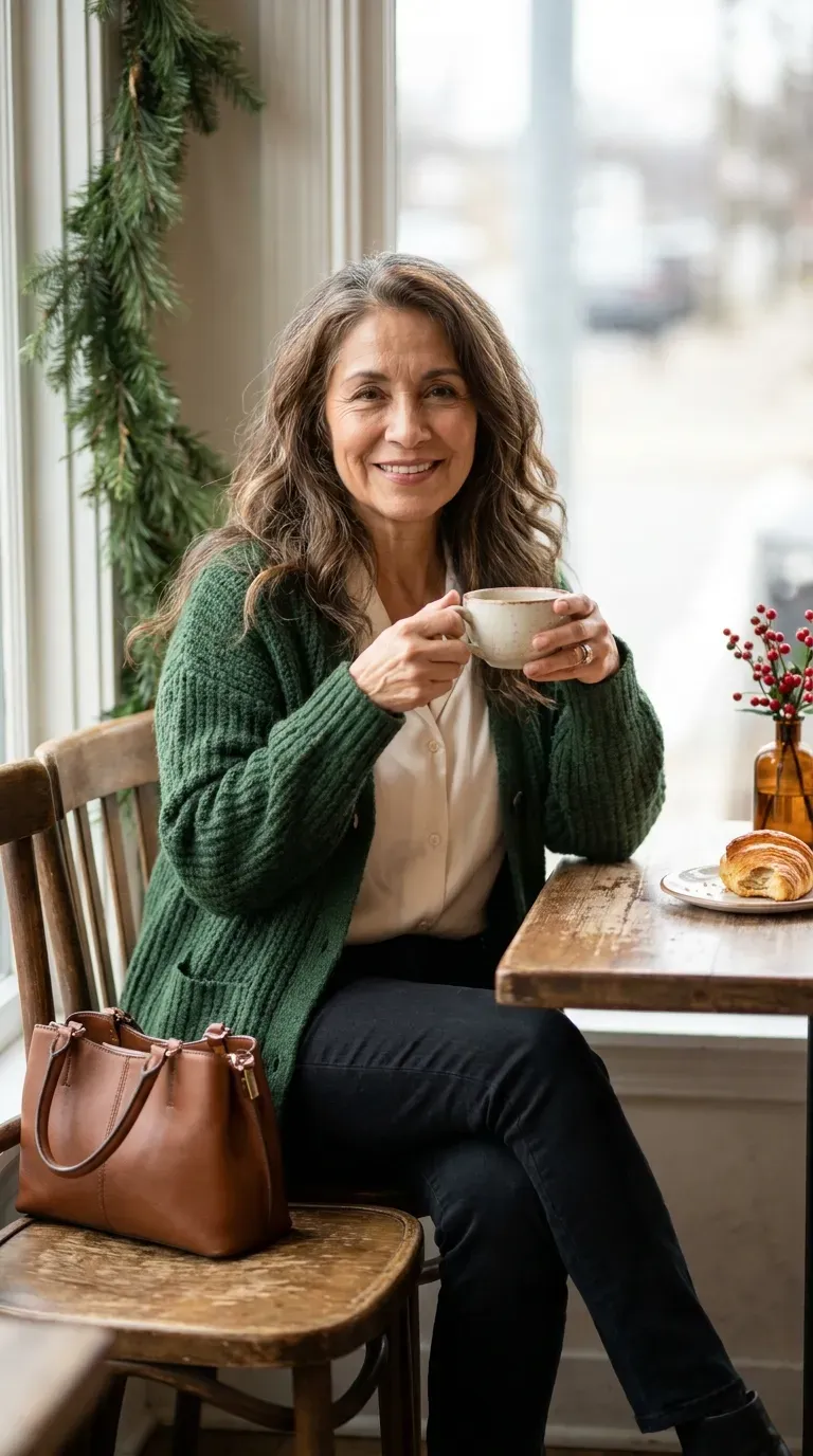 Latina woman in a forest green cardigan, ivory blouse and black jeans at a holiday brunch