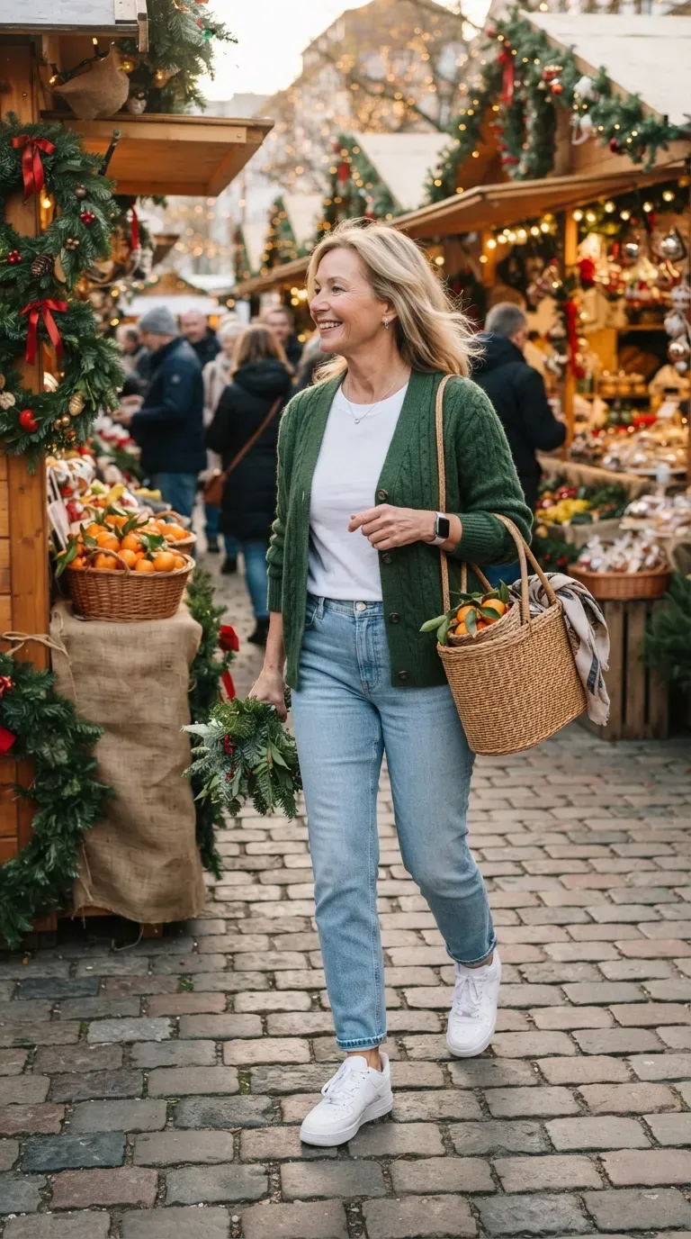 Woman over 50 in a forest green cardigan and light wash jeans at a farmers market holiday stall
