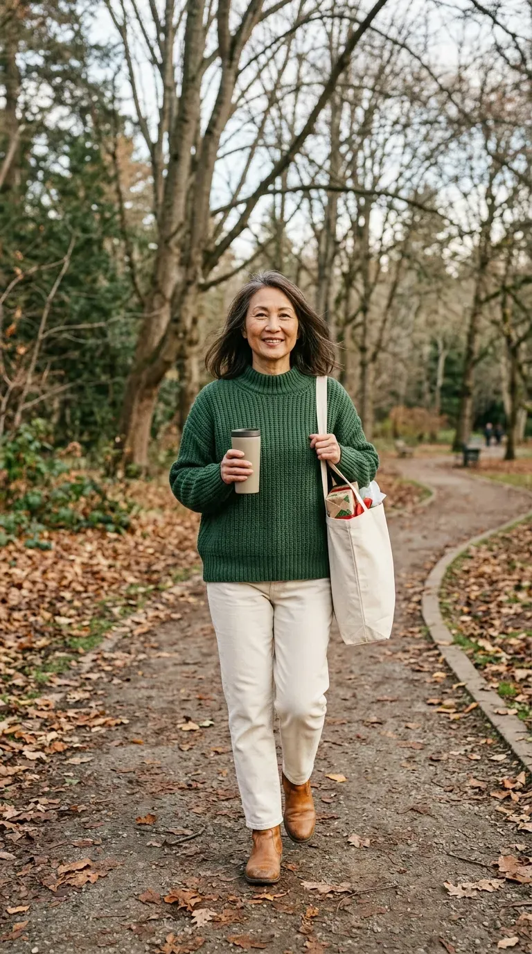 Asian woman in a forest green chunky sweater and cream trousers walking a park path