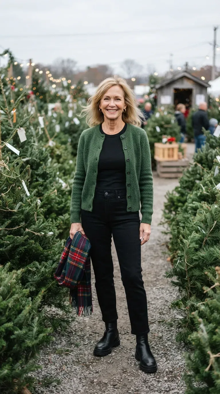 Petite woman over 50 in forest green cardigan and black jeans at a Christmas tree lot