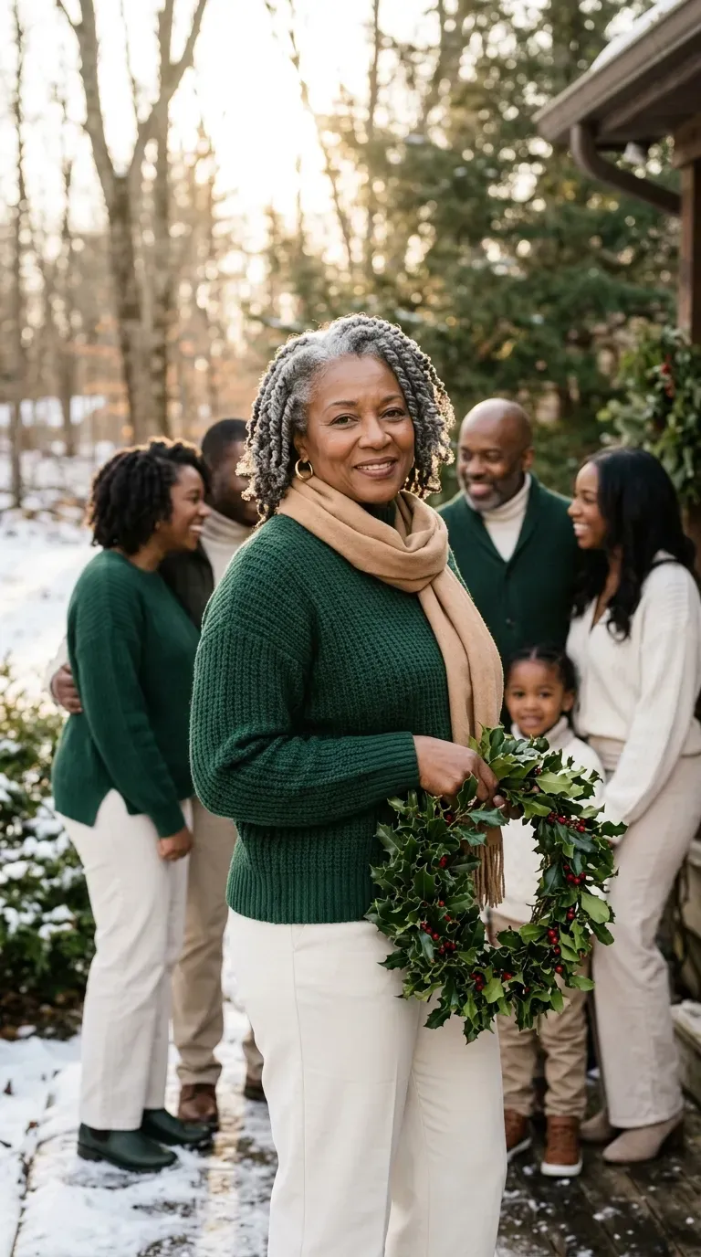 Woman over 50 in forest green sweater and ivory jeans for a coordinated Christmas family photo