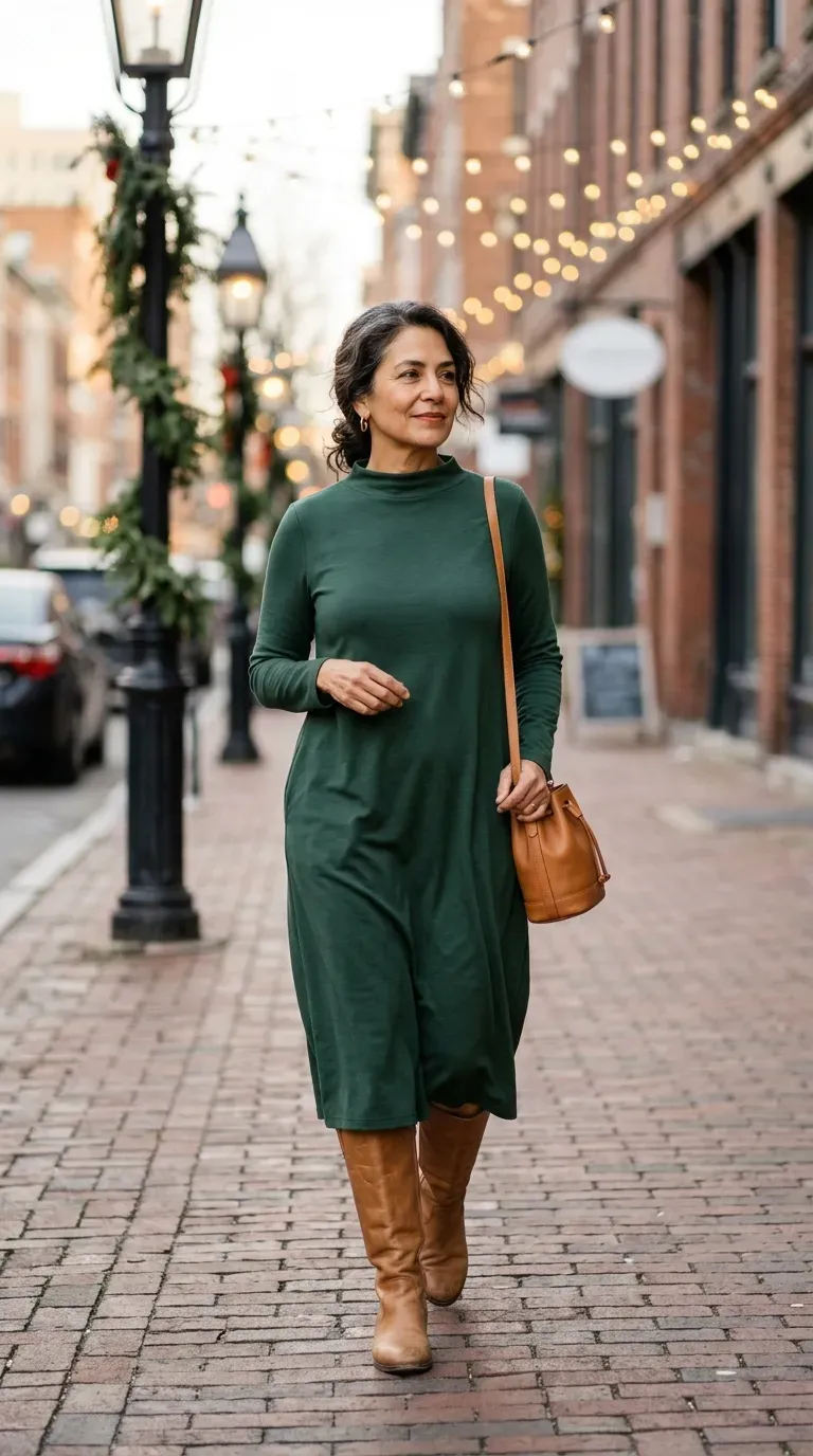 Woman over 50 in forest green jersey midi dress and tan knee-high boots on a festive winter street