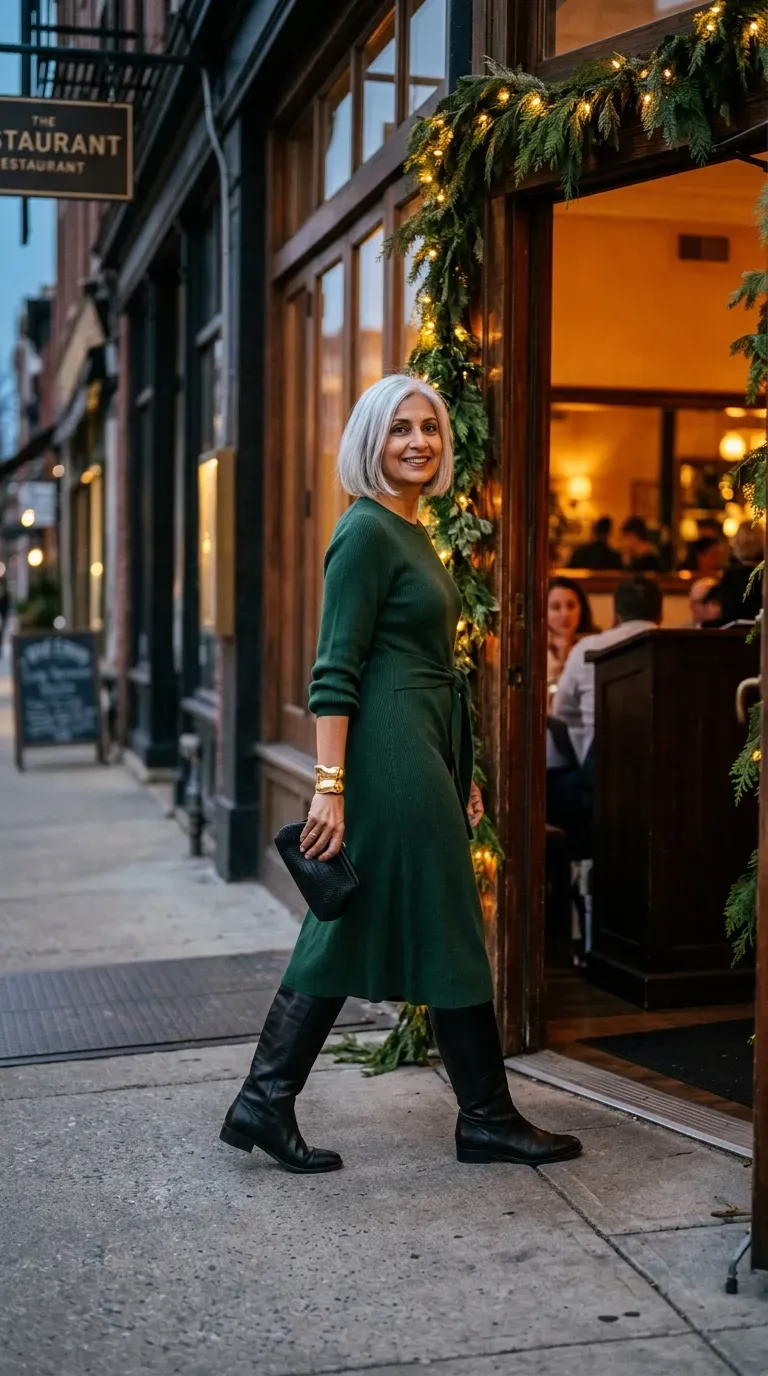 Woman over 50 in forest green knit midi dress and tall boots at a date dinner