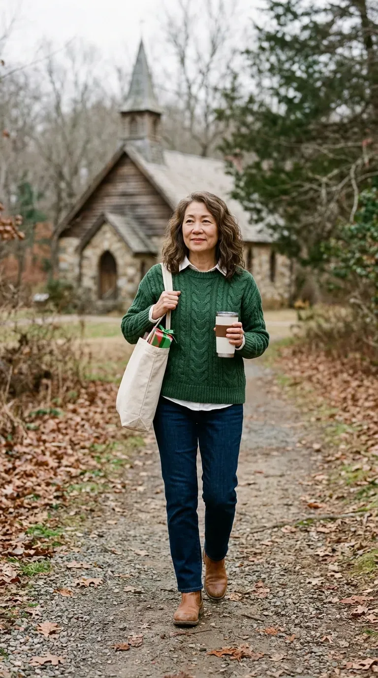 Asian woman in forest green sweater, white shirt and indigo jeans on a church path