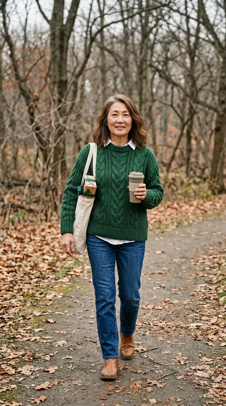 Asian woman in a forest green sweater, white shirt and indigo jeans walking a park path