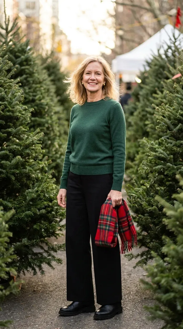 Woman over 50 in forest green sweater and black wide-leg trousers at a Christmas tree lot