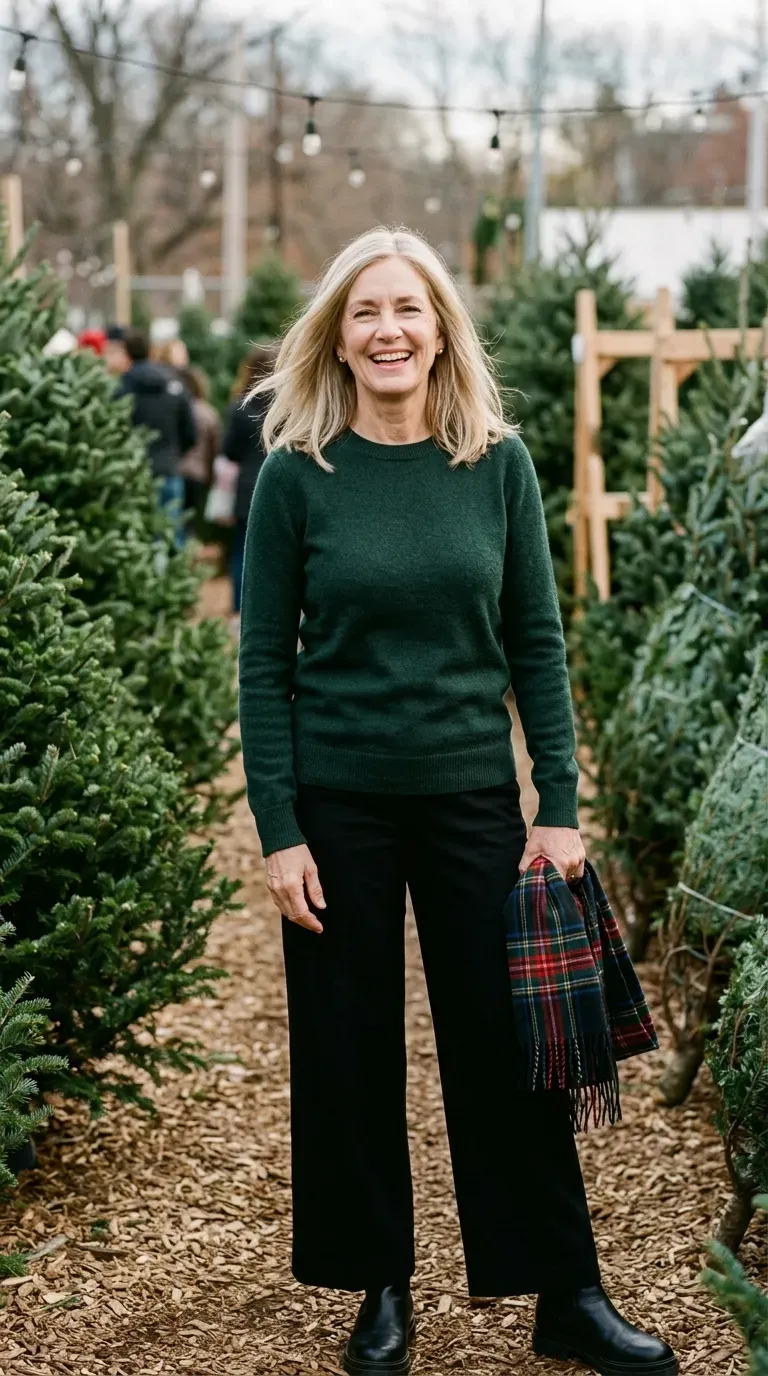 Woman over 50 in forest green sweater and black wide-leg trousers at a Christmas tree lot