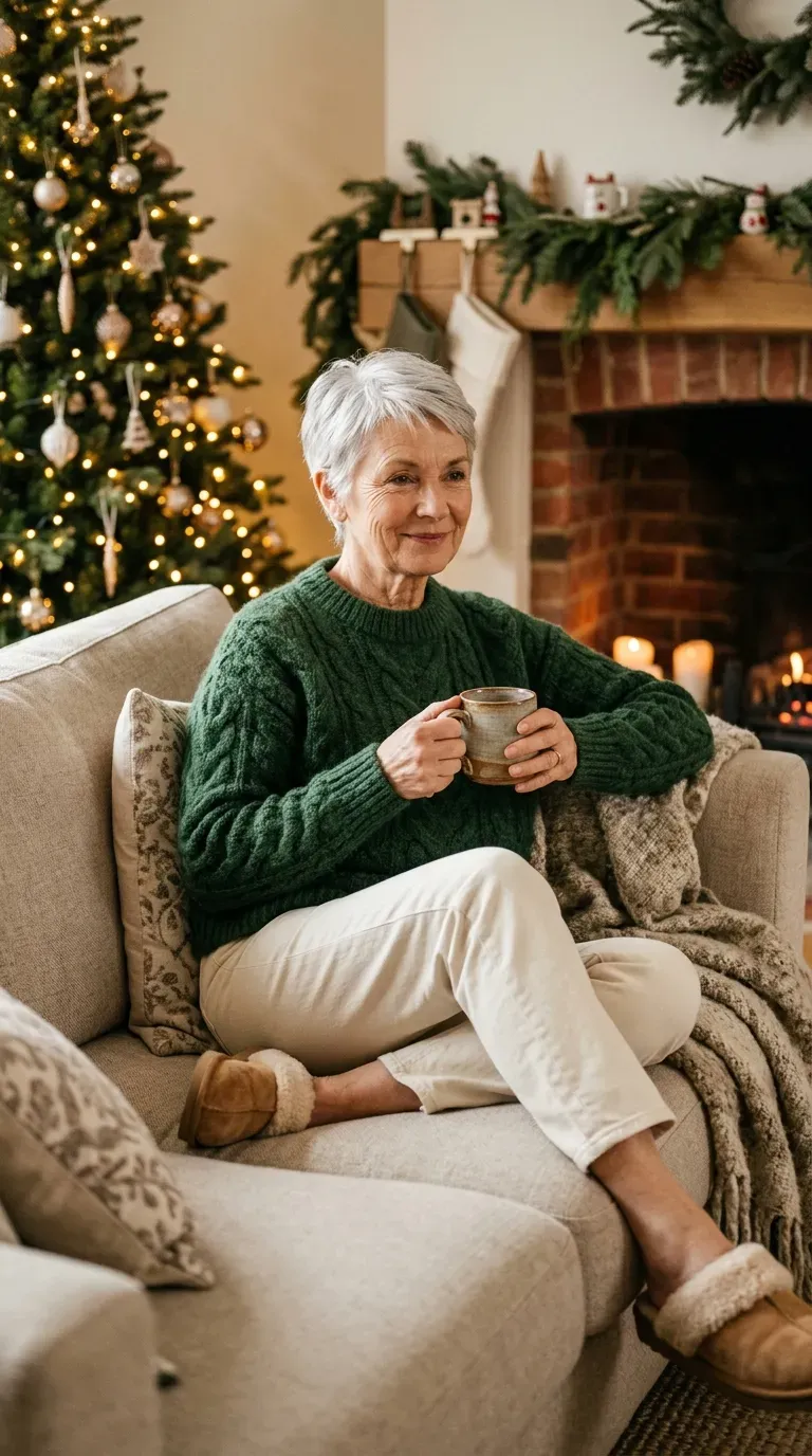Woman over 50 in forest green sweater, cream jeans and slippers for a Christmas movie night