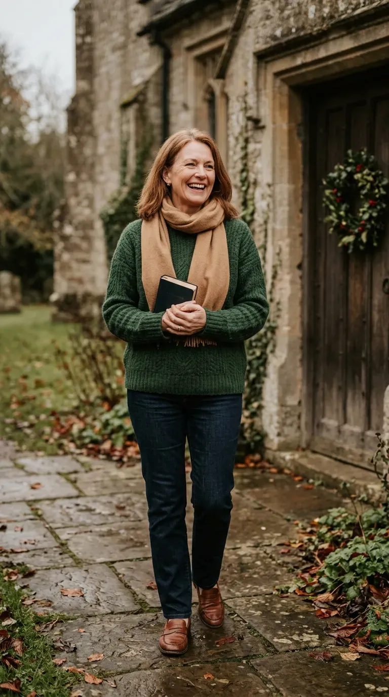 Woman over 50 in forest green sweater, dark jeans and loafers on a church path