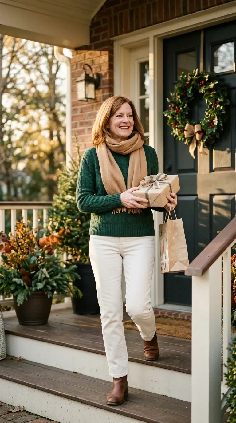 Woman over 50 in forest green sweater, ecru jeans and brown boots arriving to meet his family