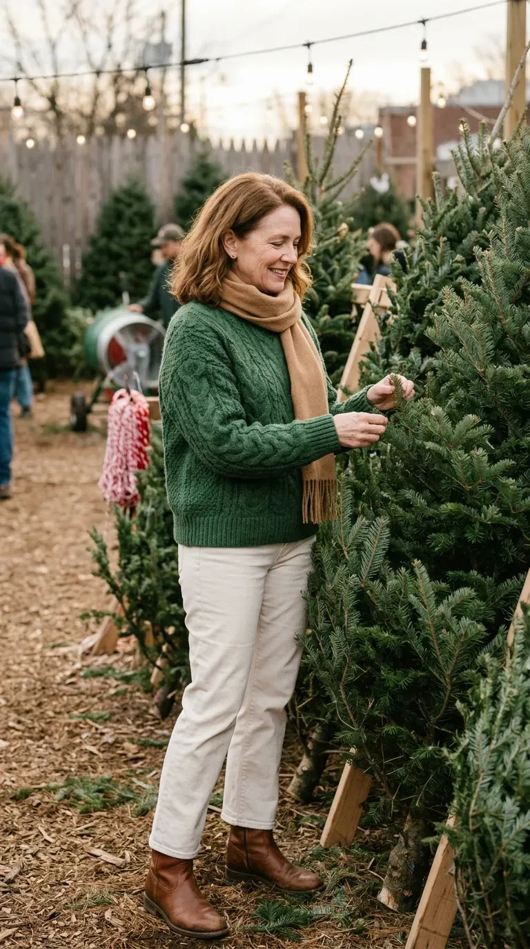 Woman over 50 in forest green sweater, ecru jeans and brown boots at a Christmas tree lot