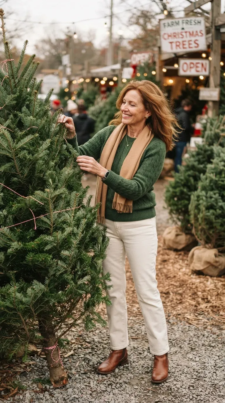 Woman over 50 in forest green sweater, ecru jeans and brown boots in a Christmas tree lot