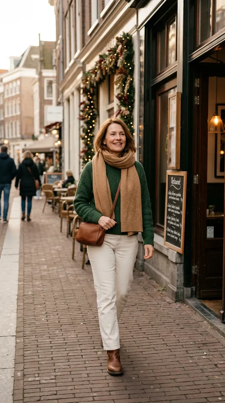 Woman over 50 in forest green sweater, ecru jeans and brown boots near a restaurant