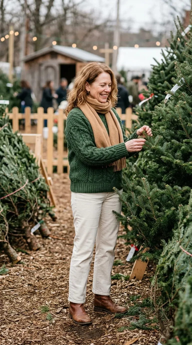 Woman over 50 in forest green sweater, ecru jeans and brown boots at a Christmas tree lot