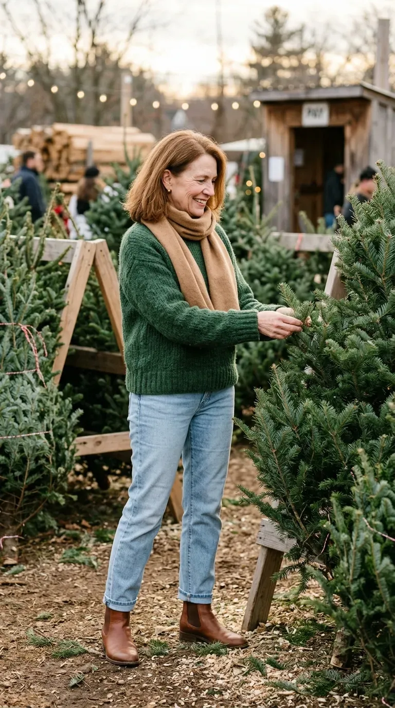 Woman over 50 in forest green sweater, light jeans and brown boots at a Christmas tree lot