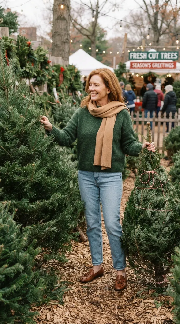 Woman over 50 in forest green sweater, light jeans and brown loafers at a Christmas tree lot