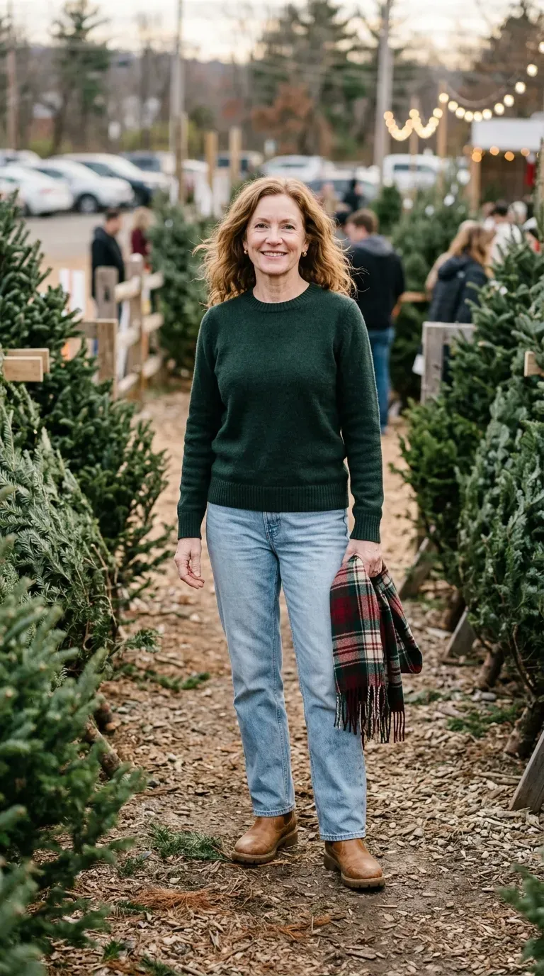 Woman over 50 in forest green sweater and light-wash jeans at a Christmas tree lot