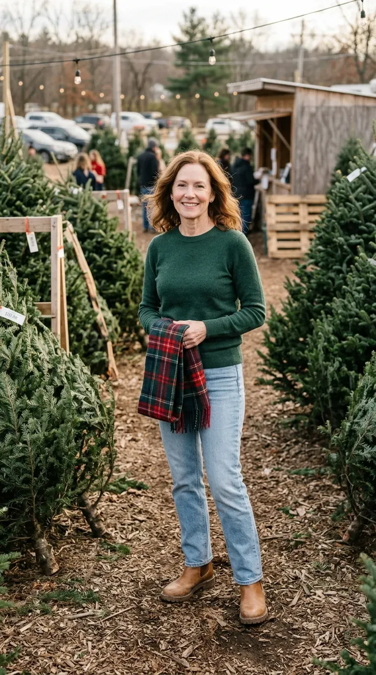 Woman over 50 in forest green sweater and light-wash jeans at a Christmas tree lot