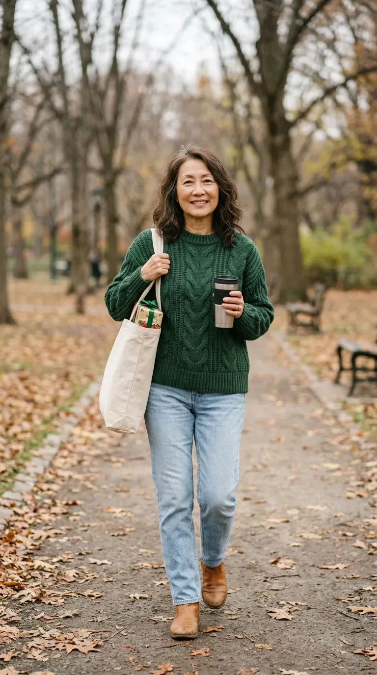 Asian woman in a forest green sweater and light-wash jeans walking a park path with a tote