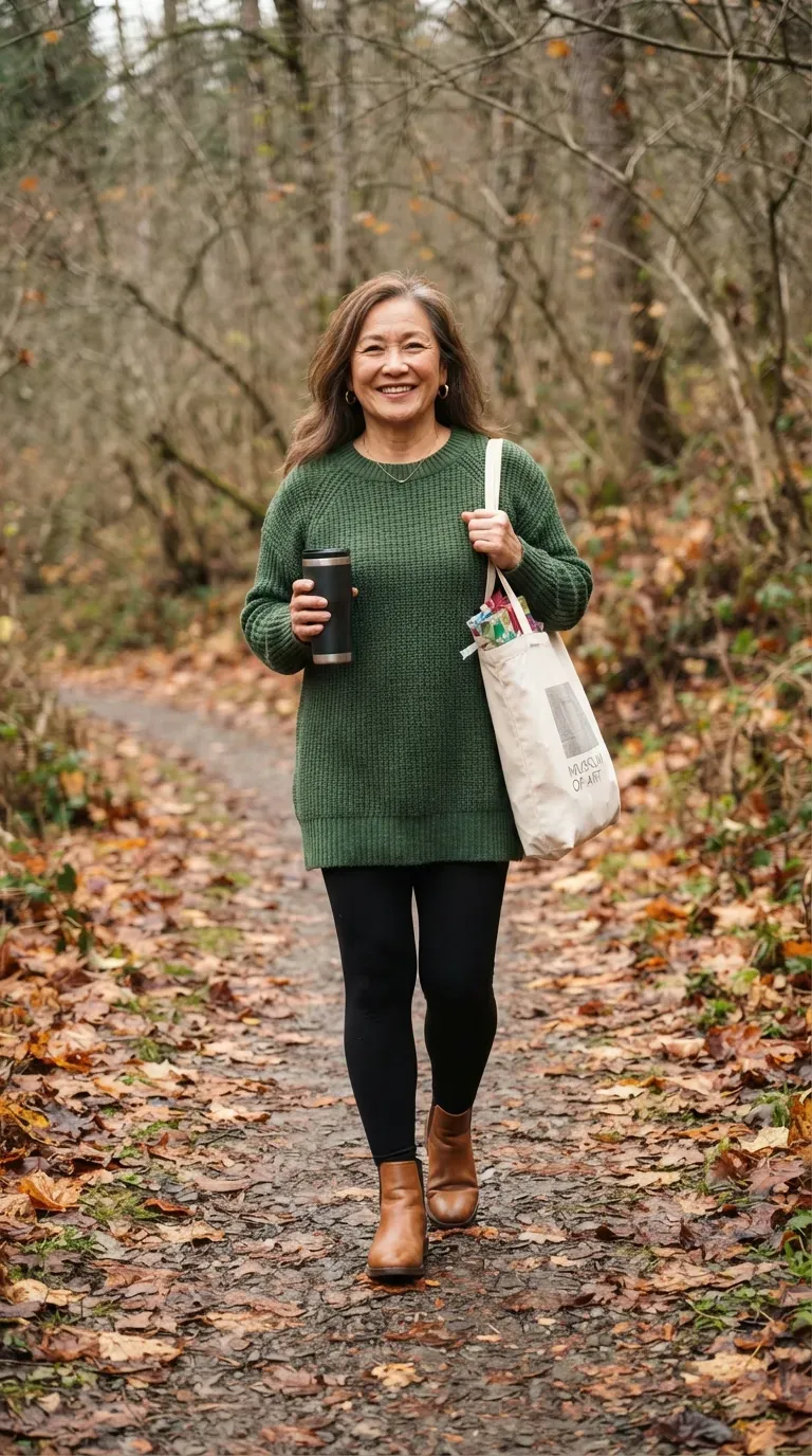 Asian plus-size woman in a forest green tunic sweater and black leggings walking a park path
