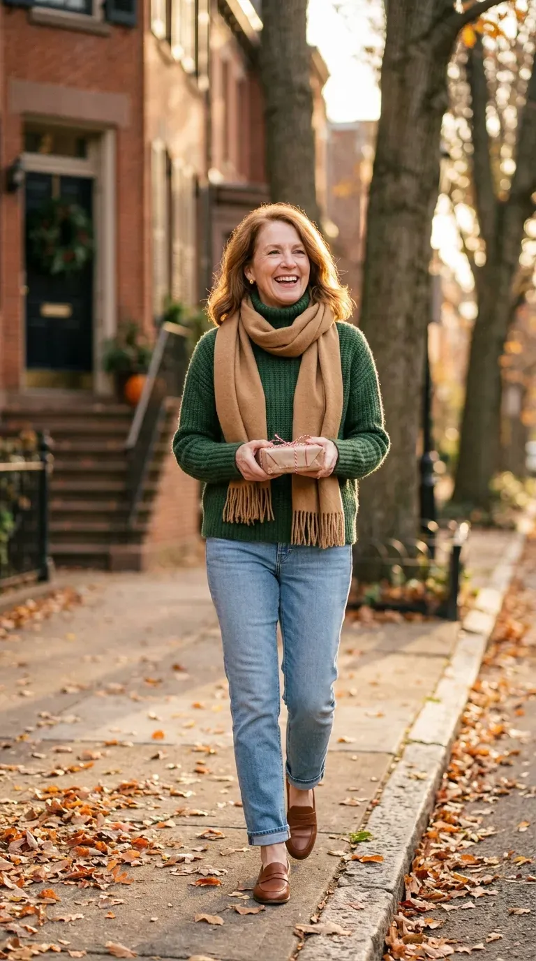 Woman over 50 in forest green turtleneck, light jeans and loafers carrying a wrapped gift