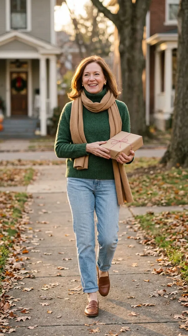 Woman over 50 in forest green turtleneck, light jeans and loafers on a leafy street