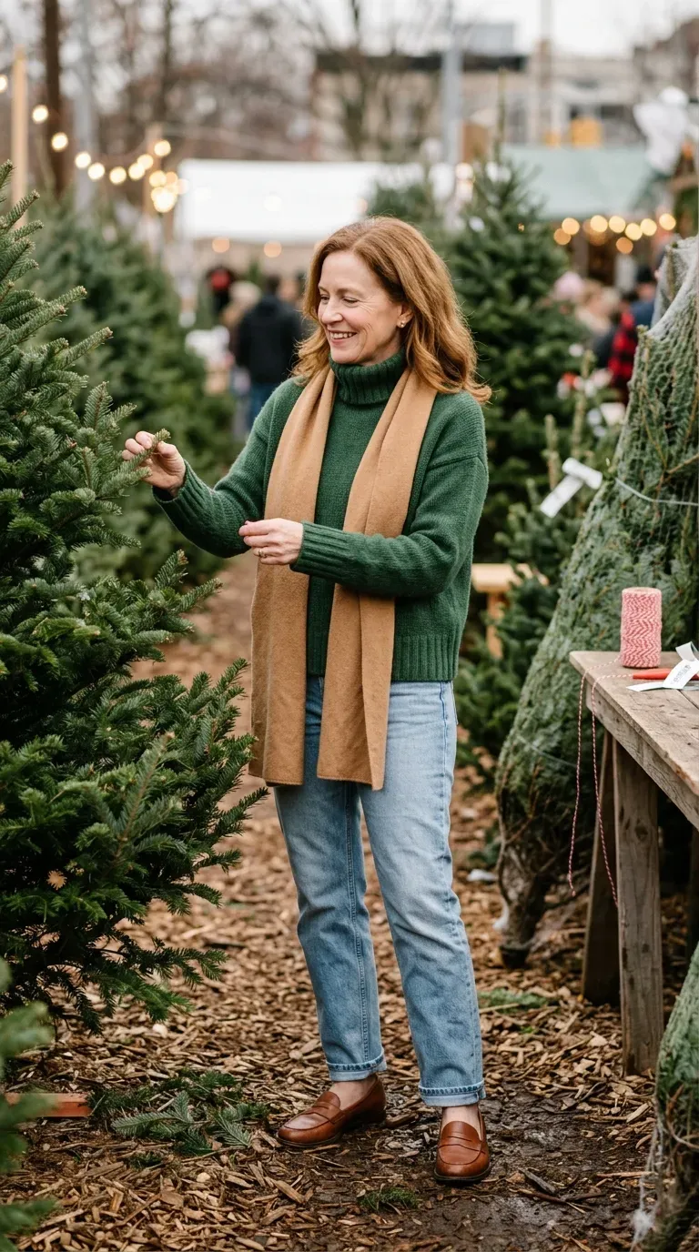 Woman over 50 in forest green turtleneck, light jeans and loafers at a Christmas tree lot