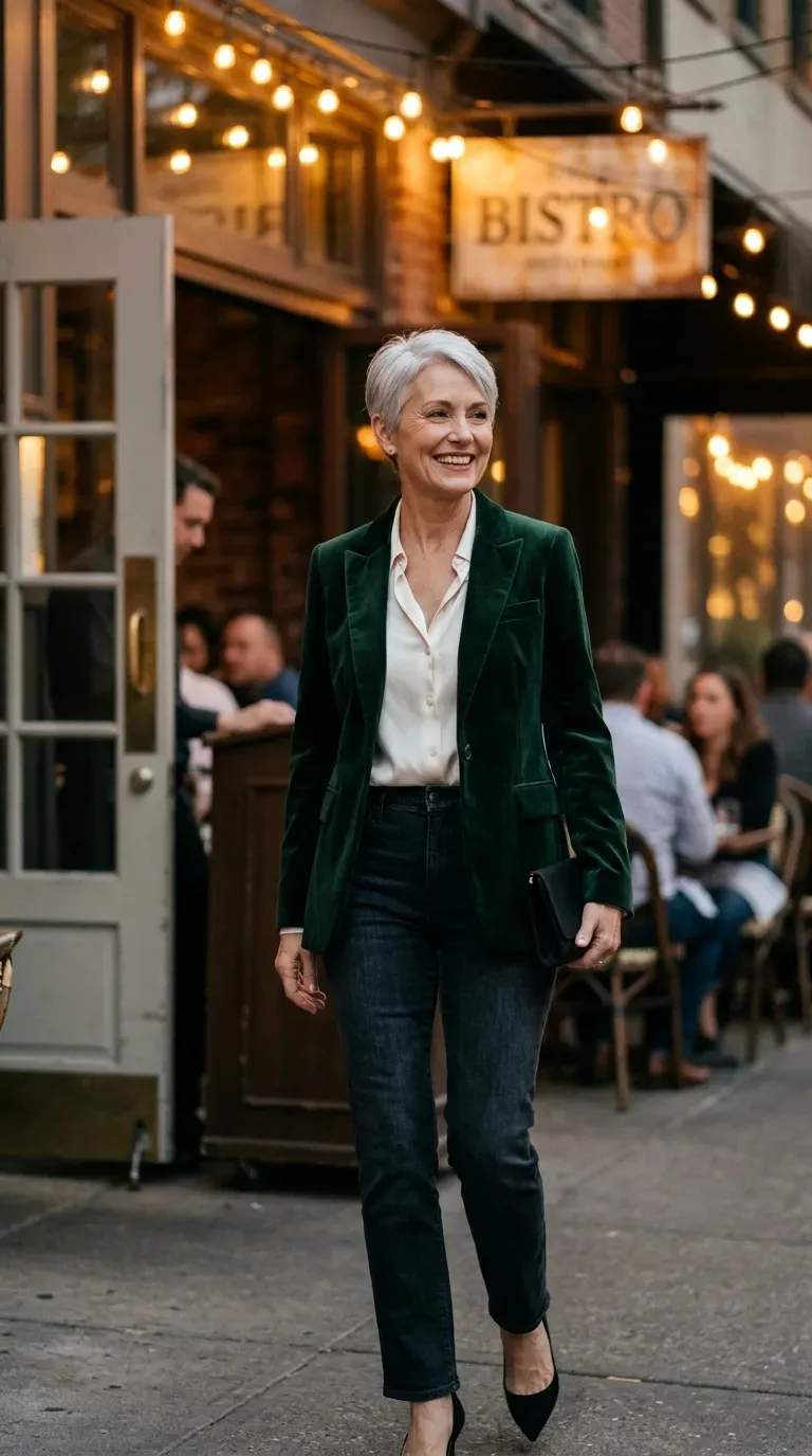 Woman over 50 in green velvet blazer, ivory silk blouse and dark jeans at a date night dinner