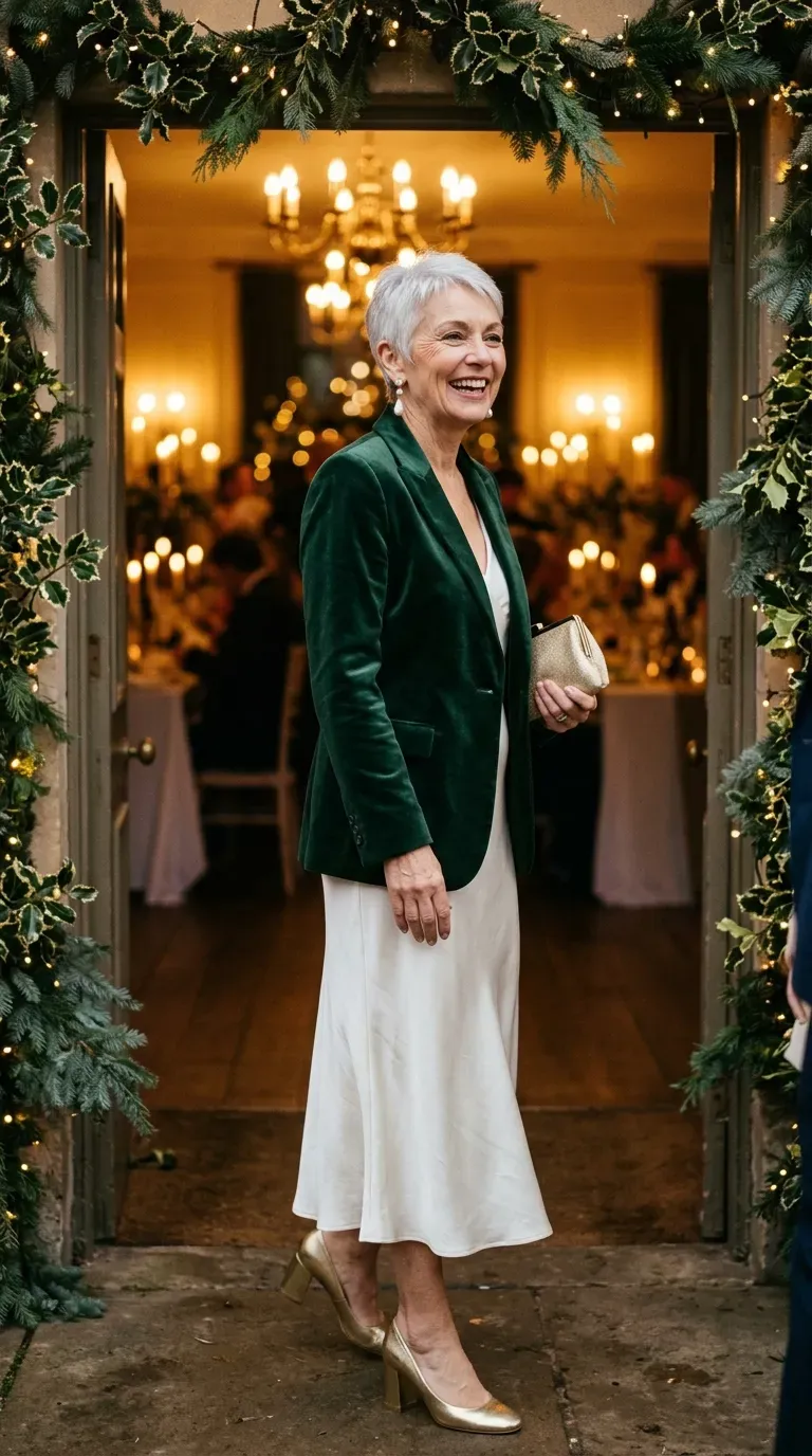 Woman over 50 in green velvet blazer, ivory silk dress and gold heels at a winter wedding