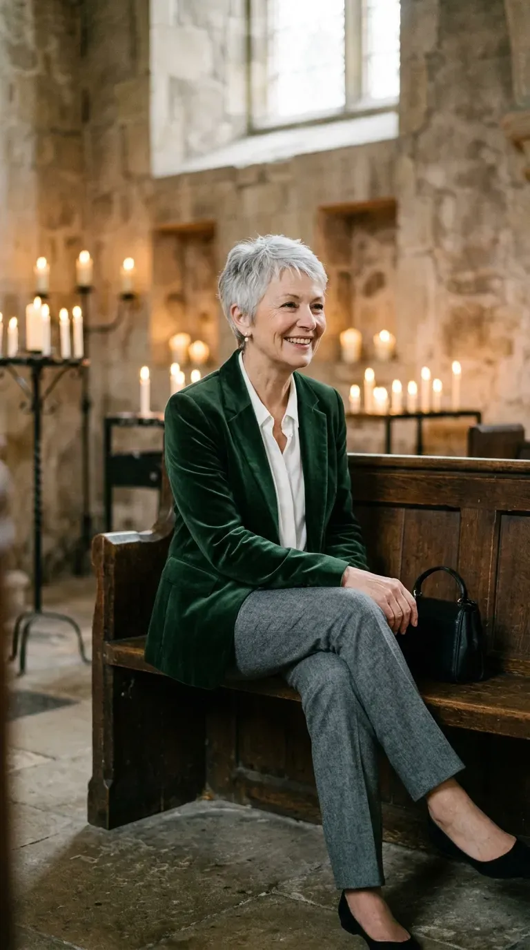 Woman over 50 in green velvet blazer, white blouse and gray trousers at a candlelit service