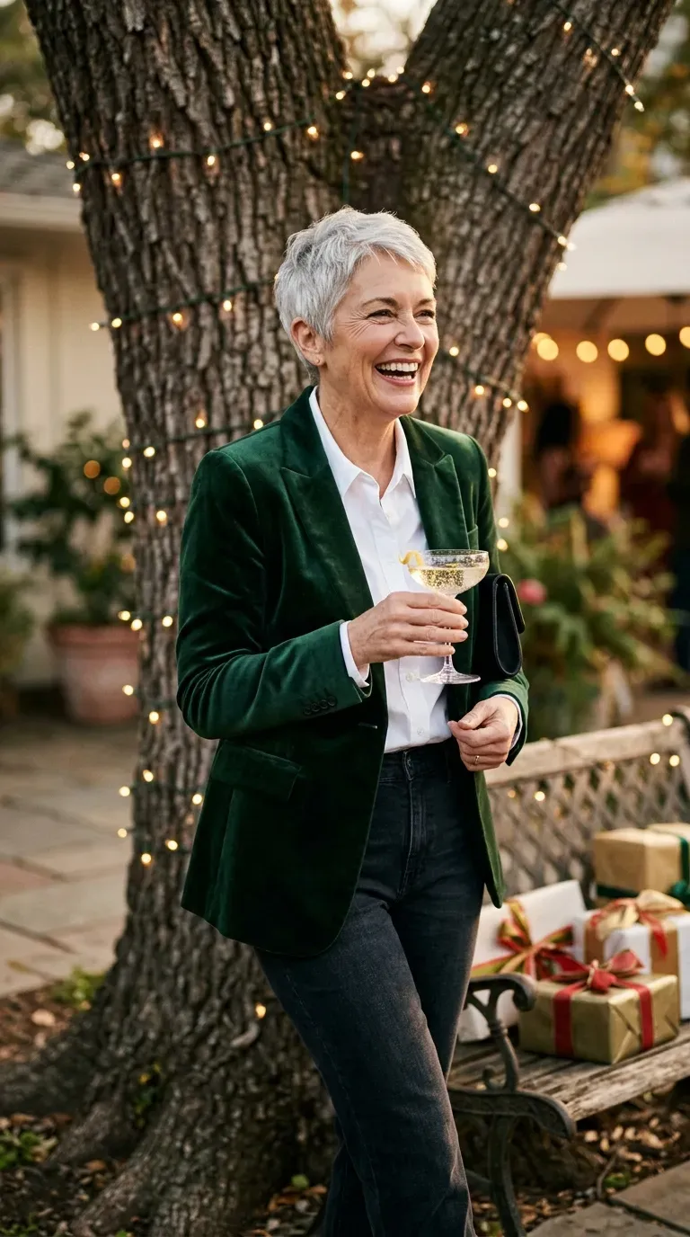 Woman over 50 in green velvet blazer, white shirt and dark jeans at a holiday dinner