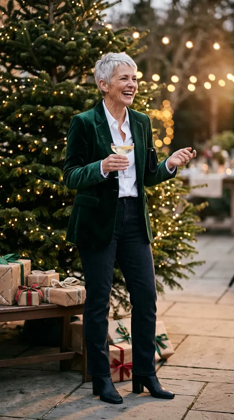 Woman over 50 in green velvet blazer, white shirt and dark jeans at a holiday party