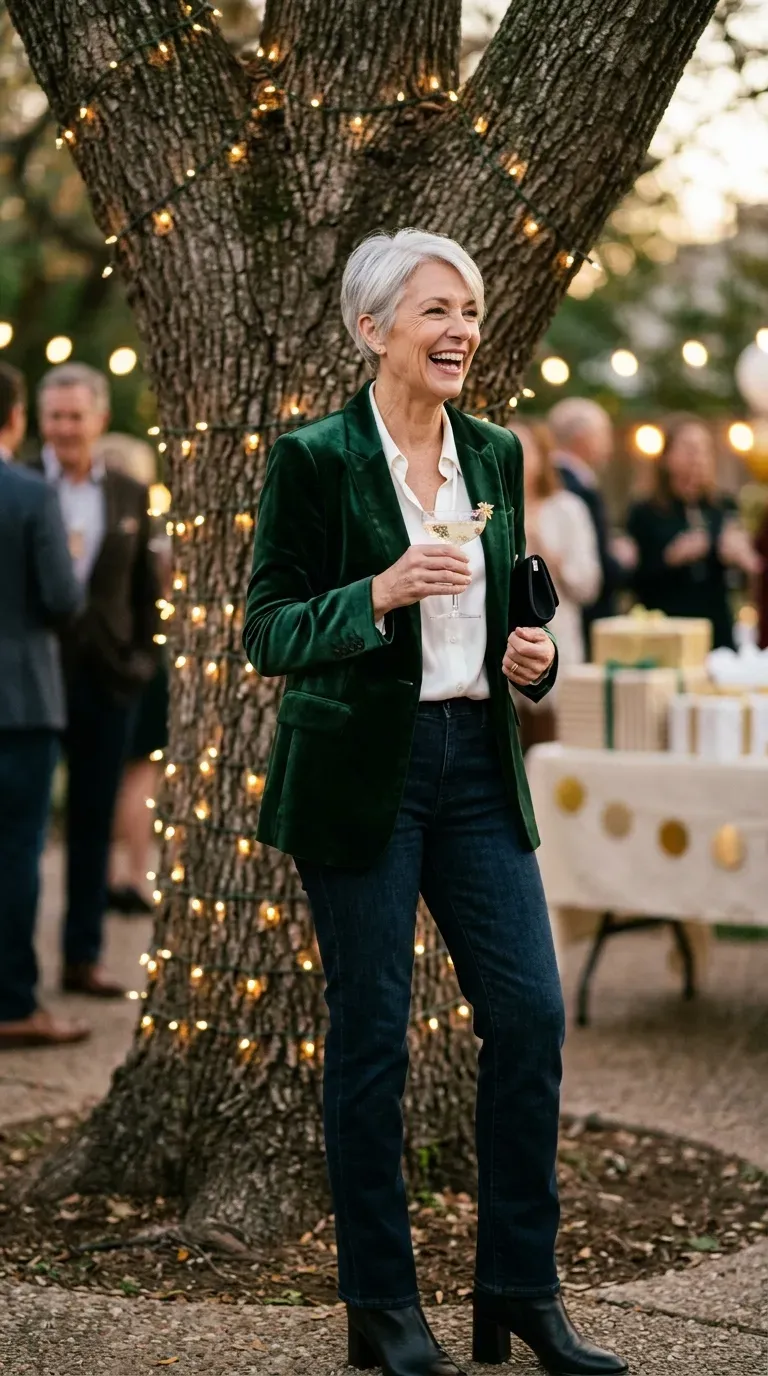 Woman over 50 in green velvet blazer, white silk blouse and dark jeans at a party