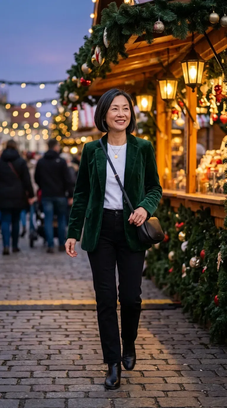 Woman over 50 in forest green velvet blazer, white tee and black jeans at a holiday market