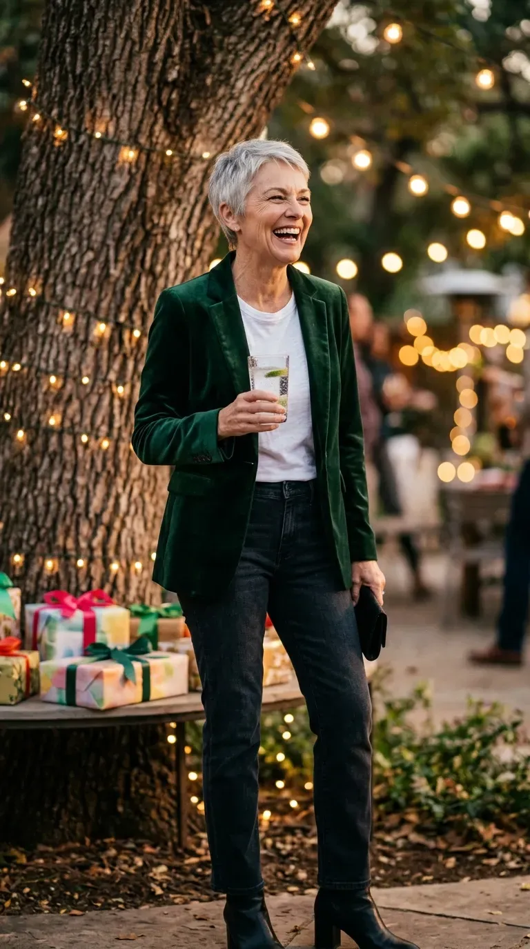 Woman over 50 in green velvet blazer, white tee and dark jeans at a work party